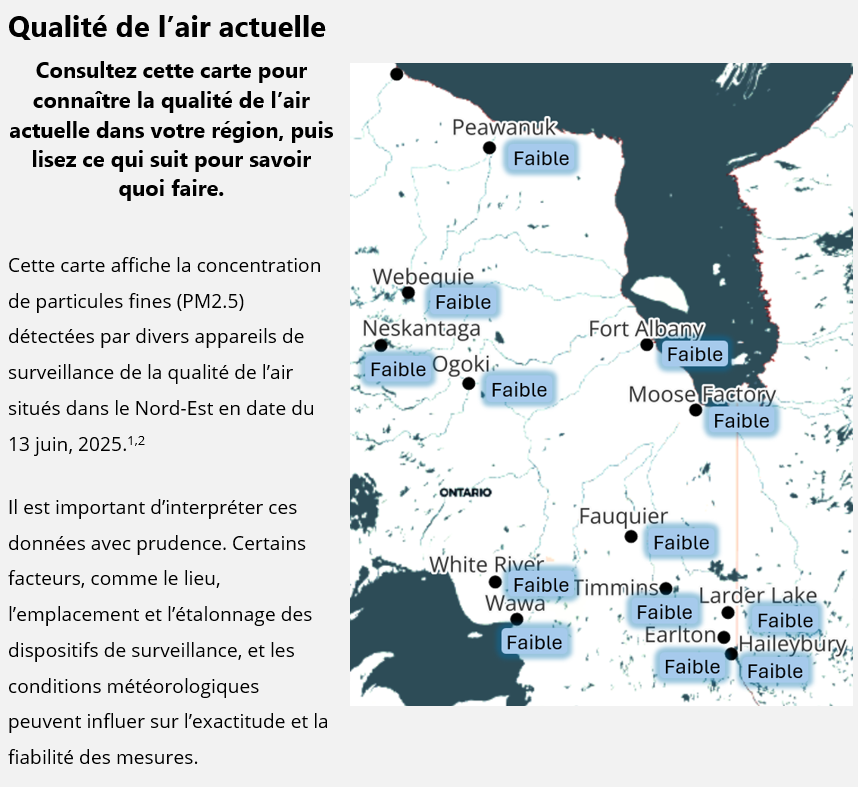 En date du 13 juin, 2025, les niveaux de qualité de l’air sont les suivants pour chaque communauté: Earlton	Faible Fauquier	Faible Fort Albany	Faible Haileybury	Faible Larder Lake	Faible Moose Factory	Faible Neskantaga	Faible Ogoki	Faible Peawanuck	Faible Timmins	Faible Wawa	Faible Webequie	Faible White River	Faible